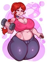 alternate_version_available big_ass big_breasts bottomwear cameltoe choker clothing ehidney exercise female female_focus female_only kikoriki long_hair nyusha pig pig_nose ponytail red_eyes red_hair rosa_(kikoriki) smeshariki sweat thick_thighs tight_clothing topwear