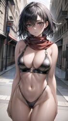 1girls ai_generated ass_visible_through_thighs attack_on_titan bangs bare_arms bare_shoulders bikini black_bikini black_eyes black_hair blush breasts building city cleavage closed_mouth cowboy_shot day edosynf female grey_eyes groin hair_between_eyes highleg highleg_bikini highres large_breasts linea_alba looking_at_viewer medium_hair mikasa_ackerman navel o-ring outdoors parted_lips petite red_scarf road scarf shingeki_no_kyojin short_hair solo standing stomach street string_bikini swimsuit teenager thigh_gap thighs