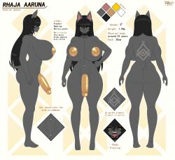 anthro anubian_jackal ass black_hair breasts canid canine canis english_text feet genitals gynomorph hair hi_res intersex jackal mammal model_sheet nipples penis piercing pussy razplus rhaja_aaruna tail tattoo text tongue yellow_eyes