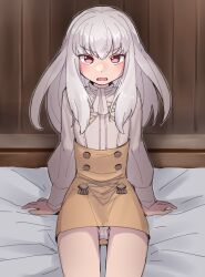 1girls bed blush brown_skirt do_m_kaeru female female female_only fire_emblem fire_emblem:_three_houses garreg_mach_monastery_uniform indoors long_hair looking_at_viewer lysithea_von_ordelia nintendo official_alternate_costume on_bed open_mouth panties pantyshot pink_eyes sidelocks sitting skirt solo underwear upskirt white_hair white_panties