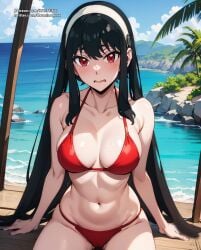 1girls ai_generated beach big_breasts bikini black_hair female fit_female karmino light-skinned_female light_skin red_eyes spy_x_family voluptuous_female yor_briar yor_forger