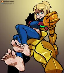 1girls 2d armor armored_samus bangs barefoot blonde_hair blue_clothing blue_eyes bodysuit feet feet_up female_focus female_only foot_fetish foot_focus light-skinned_female light_skin looking_down medium_breasts medium_hair metroid midriff nintendo ponytail presenting presenting_feet reathroch samus_aran simple_background soles solo solo_female solo_focus sweat sweatdrop sweaty_feet toes tongue tongue_out varia_suit watermark zero_suit zero_suit_samus