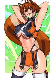 akisu_k animal_ears animal_humanoid apron arc_system_works arms_behind_head blazblue brown_hair crotch_apron makoto_nanaya smile smiling squirrel squirrel_girl squirrel_tail stomach tail thighhighs tomboy underboob