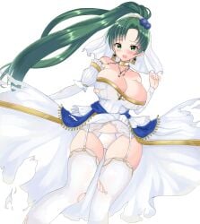 1girls accessory alternate_costume assisted_exposure bare_shoulders bare_thighs breasts bridal_veil bride cleavage clothes_lift collarbone detached_sleeves dress earrings female female_only fire_emblem fire_emblem:_the_blazing_blade fire_emblem_heroes garter_belt green_eyes green_hair humiliation jewelry large_breasts long_sleeves looking_at_viewer lyn_(bridal)_(fire_emblem) lyn_(fire_emblem) miyako_(mongcocoa) necklace nintendo official_alternate_costume panties partially_visible_vulva ponytail shoulders solo thick_thighs thighhighs thighs torn_clothes unaligned_breasts underwear veil very_long_hair wedding_dress white_background white_panties wind_lift