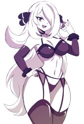 abysswatchers alternate_costume black_garter_belt black_garter_straps black_lingerie breasts cynthia_(pokemon) female female_only hair_over_one_eye nintendo open_mouth pokemon solo