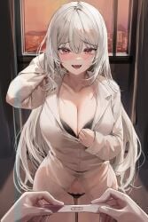 1boy :d absurdres arm_up black_bra black_panties blush bra breasts cleavage fangs female highres large_breasts lillly open_mouth original panties pov pov_hands pregnancy_test red_eyes shirt smile trembling underwear white_hair white_shirt window