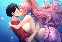 1boy ai_generated black_hair couple female kissing large_breasts long_hair male mermaid_girl monkey_d_luffy nude_female one_piece pink_hair shirahoshi underwater