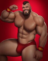 1boy abs bara bara_tiddies bara_tits barazoku beard biceps big_biceps big_bulge big_muscles big_pecs body_hair briefs briefs_only brown_eyes brown_hair bulge caucasian caucasian_male chest_hair drawnpr0n facial_hair flexing flexing_arm flexing_bicep flexing_biceps hairy hairy_abs hairy_arms hairy_chest hairy_male hairy_stomach hairy_thighs huge_bulge human human_only male male_chest male_only manboobs manly mohawk mohawk_(hairstyle) moobs muscles muscular muscular_male muscular_shoulders muscular_thighs nipples pecs pectorals pose posing red_background red_briefs red_underwear red_wristband shirtless shirtless_male smile smiling smiling_at_viewer solo solo_male street_fighter street_fighter_6 thick_thighs underwear underwear_only wristbands zangief