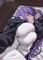 black_coat breasts closed_eyes coat dress female fern_(sousou_no_frieren) highres huge_breasts long_hair long_sleeves lying manzai_sugar nipples_visible_through_clothing on_bed on_side open_clothes open_coat purple_hair sleeping solo sousou_no_frieren white_dress