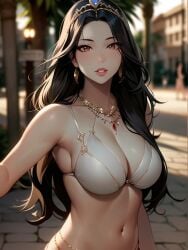 1girls ai_generated ai_mirror belly_button black_hair blush brown_eyes building earrings egyptian_queen gemstone half_body light_skin long_hair looking_at_viewer medium_breasts necklace palm_tree thick_lips tiara white_top