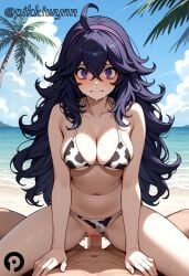 1boy @_@ ahoge ai_generated alternate_breast_size animal_print bangs bare_arms bare_shoulders beach bikini bikini_bottom_aside blue_sky blush breasts censored cleavage closed_mouth clothing_aside cloud collarbone cow_print cowgirl_position day female hair_between_eyes hairband halterneck hex_maniac large_breasts long_hair looking_at_viewer medium_breasts messy_hair navel ocean outdoors palm_tree penis pikkiwynn pokemon pov purple_eyes purple_hair purple_hairband pussy sand sex sky solo_focus spread_legs stomach straddling straight string_bikini sweat swimsuit tree vaginal_penetration water wavy_mouth