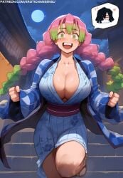 2d 2d_(artwork) ai_assisted ai_generated big_breasts blush braids cleavage clenched_hand demon_slayer erotic_nansensu green_eyes green_hair haori iguro_obanai kanroji_mitsuri mole_under_eye multicolored_hair night open_mouth outdoors pink_hair speech_bubble teary_eyes teeth watermark yukata