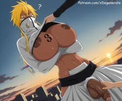 1futa 2boys ai ai_art ai_assisted ai_generated arrancar bleach blonde_hair bored city clouds covered_mouth crossed_arms dark-skinned_futanari dark_nipples dark_skin expressionless foreskin futanari green_eyes hip_bones hip_vent huge_breasts interracial interspecies japanese_clothes long_hair looking_down male_on_futa male_out_of_frame mask outdoors precum precum_drip sash shinigami shirt_lift stable_diffusion sunset tattoo tattoo_on_chest thick_penis tier_harribel toned