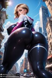 ai_generated big_ass big_breasts blue_eyes cameltoe female female_focus female_only from_behind looking_at_viewer looking_back marvel marvel_comics short_hair spider-gwen spider-man:_across_the_spider-verse spider-man:_into_the_spider-verse spider-man_(series) stable_diffusion superheroine thick_thighs winterzone