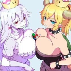 2boys 2girls big_breasts blonde_hair blue_eyes boosette bowsette breasts breasts_pressed_together cleavage clothing crown female giant giantess green_hat hat horns huge_breasts large_breasts larger_female long_hair looking_at_viewer luigi male mario mario_(series) moustache new_super_mario_bros._u_deluxe nintendo okamura ponytail red_eyes red_hat size_difference smaller_male standing super_crown voluptuous voluptuous_female white_hair