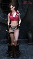 3d claire_redfield denim_shorts fingerless_gloves gloves midriff resident_evil shorts sija_art