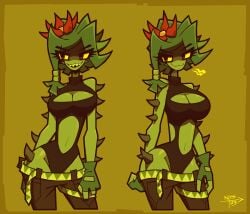 cactus_girl clothed clothed_female female flower flower_in_hair gloves green_body green_hair green_skin leotard looking_at_viewer monster monster_girl notyoursagittarius plant plant_girl plant_humanoid plant_monster ponytail sharp_teeth smile smiley_face smiling spiked_clothing spikes spikes_(anatomy) swimsuit yellow_eyes