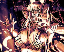 1girls 3boys breasts chains cum demon devil facial_piercing female fishnet horn huge_breasts inverted_nipples kiln male nipple_penetration nipples nose_piercing nose_ring penis piercing