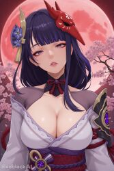 breasts cleavage female large_breasts lips parted_lips purple_eyes purple_hair raiden_shogun red_moon teeth