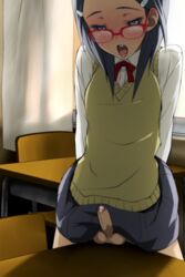 1boy 1futa animated black_eyes black_hair crossdressing cum day futanari glasses grinding indoors lowres male masturbation penis png precum red_glasses school_uniform solo sweater_vest tekuteku_(yuuhodou) testicles tongue trap uncensored vest