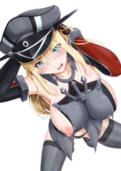 8000 adjusting_hair bare_shoulders bismarck_(kantai_collection) black_legwear black_panties blonde_hair blue_eyes blush breasts chestplate detached_sleeves female gloves hat heart heart-shaped_pupils kantai_collection large_breasts long_hair looking_at_viewer looking_up nipple_slip nipples open_mouth panties peaked_cap symbol-shaped_pupils thighhighs underwear uniform