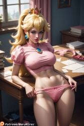 ai_generated athletic athletic_female auravirus big_breasts blonde_female blonde_hair blonde_hair_female crop_top crown ear_piercing female female_only hips imminent_sex looking_at_viewer mario_(series) panties pink_panties ponytail princess princess_peach seductive seductive_look undressed undressing