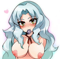 1girls beyblade beyblade_metal_fusion blue_hair blush breasts condom_in_mouth female heart heart_pasties human light_blue_hair lowres metal_fight_beyblade moko_(mocco) nipples pasties solo sophie sophie_(beyblade) white_background