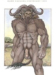 1990s 1999 20th_century 5_fingers anthro balls bovine brown_eyes buffalo closed_mouth dark_natasha day flaccid front_view fur furry_ears furry_tail grass grey_fur horns humanoid_penis looking_at_viewer male male_only mammal muscles navel nipples nude open_eyes outdoors penis pinup sky solo standing tail