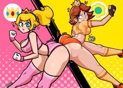 ass ass_focus ass_to_ass backboob big_ass big_breasts butt_bump cleavage clothed collaboration female female_only mario_(series) mario_strikers mrbubbles5628 nintendo princess_daisy princess_peach revealing_clothes sideass tagme teasing yenvudu