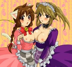 2girls animal_ears apron asymmetrical_docking bell blonde_hair blush braid breast_press breastless_clothes breastless_clothing breasts breasts_out brown_eyes brown_hair casual_nudity cat_ears cat_tail catgirl cute_fang detached_collar embarrassed exposed_breasts flat_chest highres jingle_bell kemonomimi_mode long_hair looking_at_viewer madotsuki maid maid_headdress misochige multiple_girls nipples open_mouth paw_pose plant red_eyes ribbon short_twintails tail tied_hair topless_dress twin_braids twintails urotsuki yume_2kki yume_nikki