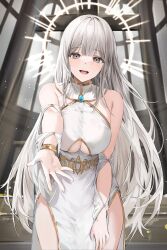 bare_shoulders blush breasts brooch cleavage dress female_only grey_eyes halo large_breasts lillly long_hair original pointy_chin side_slit smile solo underboob_cutout white_hair