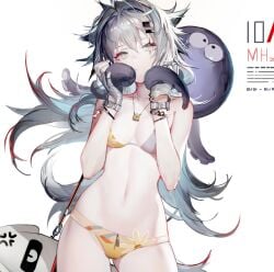 arknights bikini cowboy_shot fingerless_gloves hairclip lappland_(arknights) liduke necklace octopus scar swimsuit wolf_girl