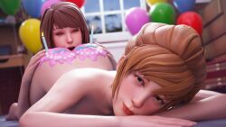 2girls 3d anilingus ass_up birthday birthday_cake blonde_hair brown_hair cake cake_on_ass closed_eyes eating_ass female female_only hazel_eyes kate_marsh koomer life_is_strange looking_at_viewer max_caulfield nude smile smiling yuri