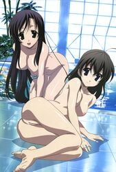 2girls ass breasts female high_resolution huge_eyes katsura_kotonoha looking_at_viewer multiple_girls nipples nude nude_filter pointy_chin saionji_sekai school_days soles third-party_edit uncensored undressing vagina