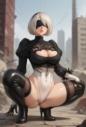 ai_generated android android_girl boots female hypet medium_breasts nier:_automata shiny_boots shiny_skin short_hair solo spread_legs tagme white_hair yorha_2b