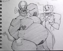 armpit_hair armpits big_belly bobthetanuki english_text extrasizedbob fat_fetish fat_male hairy_armpits horns king_dice male_only moobs nipple_piercing speech_bubble tail the_devil_(cuphead)