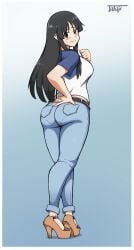 absurdres ass belt black_eyes black_hair blush border breasts brown_belt brown_footwear casual closed_mouth commission crossed_legs denim embarrassed english_commentary female female_only from_behind full_body high_heels highres jeans k-on! large_breasts long_hair looking_at_viewer looking_back mio_akiyama_(k-on!) pants pantylines pocket shiny_clothes shirt sideboob sidelocks solo solo_female t-shirt tsukiji watermark watson_cross white_border