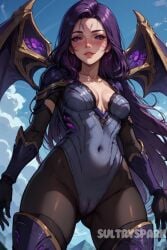 ai_generated blue_sky blush boots breasts cameltoe collarbone covered_navel day facial_mark female futarush gloves kai'sa league_of_legends league_of_legends:_wild_rift leotard long_hair looking_at_viewer medium_breasts outdoors pantyhose parted_lips purple_eyes purple_hair riot_games sky solo sultryspark thigh_boots thighhighs wings