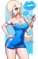 1girls artist_signature bimbo blonde_hair blue_eyes blue_lipstick blue_nail_polish blush bracelets breasts cleavage dress hand_on_hip kiss_mark large_breasts lipstick looking_at_viewer mario_(series) platinum_blonde_hair princess_rosalina short_dress side_slit star_cutout ty_wilgs