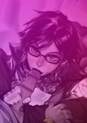 1boy 1girls bayonetta bayonetta_(character) bayonetta_2 blowjob color color_edit edit erection fellatio female glasses glasses_female lipstick lipstick_mark looking_at_viewer optionaltypo penis penis_on_lips pov straight