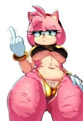 ai_generated amy_rose cameltoe cellulite fur furry looking_down low-angle_view middle_finger novelai pubic_hair sega sonic_(series) sonic_the_hedgehog_(series) that_guy9001 thick_thighs thong underboob