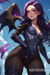 ai_generated blue_sky blush boots breasts cameltoe collarbone covered_navel day facial_mark female futarush gloves kai'sa league_of_legends league_of_legends:_wild_rift leotard long_hair looking_at_viewer medium_breasts outdoors pantyhose parted_lips purple_eyes purple_hair riot_games sky solo sultryspark thigh_boots thighhighs voidussy wings