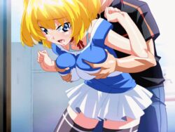 animated blonde_hair blue_eyes breast_grab breasts mahotama miki_(mahotama) pointy_chin short_hair skirt thighhighs