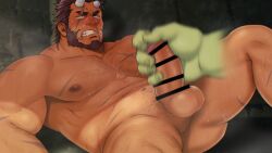 2boys abs balls bara beard beefy big_chest big_penis blush censor_bar censored censored_penis chest_hair erection frown gay green_hands gritted_teeth handjob hi_res horn imminent_orgasm looking_up lying male male_only medium_hair mizuki_gai muscles muscular muscular_arms muscular_legs muscular_male muscular_thighs original original_character pecs pubic_hair red_hair scar scar_on_face scars_all_over sideburns small_pupils spread_legs steam steaming_body sweat sweatdrop sweating sweaty thick thick_eyebrows thick_penis thick_thighs tough_guy very_high_resolution