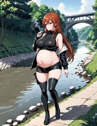 ai_generated auburn_hair cigarette leather_clothing long_hair pregnant river skindentation smoking