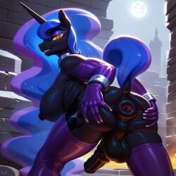 ai_generated anthro armpits back bracelet collar fire futa_only futanari horn latex leaking_precum muscular my_little_pony nightmare_moon_(mlp) penis ponut pony princess_luna_(mlp) rear_view spread_ass sweat tail thighhighs