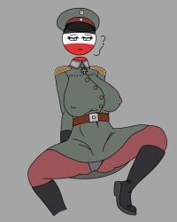 1girls belt cameltoe countryhumans countryhumans_girl female female_focus female_only german_empire_(countryhumans) legs_spread military_uniform naval_artist_(artist) nipples_visible_through_clothing panties red_skin