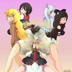 5girls blake_belladonna character_request copyright_request diaper erection erection_under_clothes erection_under_diaper futanari green_face green_fart messy_diaper ruby_rose rwby simple_background smush stink_fumes stinky tagme weiss_schnee yang_xiao_long