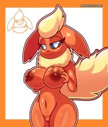 2022 anthro areola big_breasts blue_sclera breast_grab breasts brown_areola brown_nipples digital_media_(artwork) ears_down eeveelution female flareon fluffy fluffy_tail generation_1_pokemon genitals grabbing_own_breast hand_on_breast hi_res looking_at_viewer mintyspirit neck_tuft nintendo nipples pivoted_ears pokemon pokemon_(species) pussy solo tail thick_thighs tuft white_eyes wide_hips