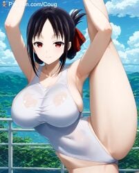 1girls ai_generated big_breasts breasts cougwe kaguya-sama_wa_kokurasetai_~tensai-tachi_no_renai_zunousen~ leg_up looking_at_viewer red_eyes shinomiya_kaguya short_hair stable_diffusion stretching swimsuit thick_thighs